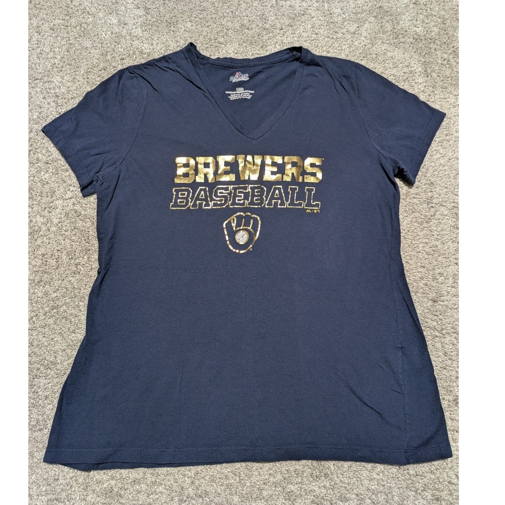 Majestic T-Shirt Women Large Navy Milwaukee Brewers Baseball‎ V-Neck Gold Foil